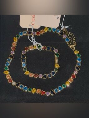 Camila Coelho Set Gold Rainbow Multicolor Cubic Zirconia Necklace & Bracelet NWT